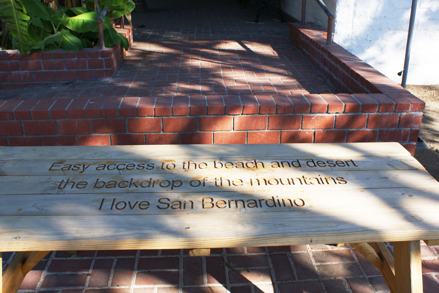 Outdoor Table Carved with Quotes About San Bernardino